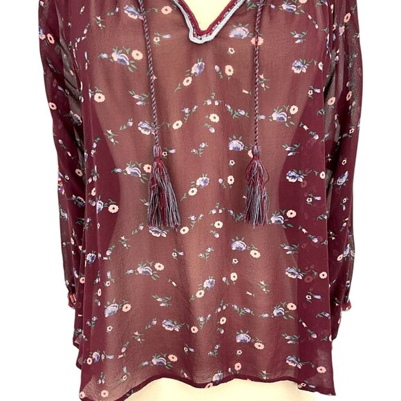 Ulla Johnson Lida Blouse Top Maroon Floral Silk Chiffon V-Neck Size 2 S Sheer - Picture 3 of 14